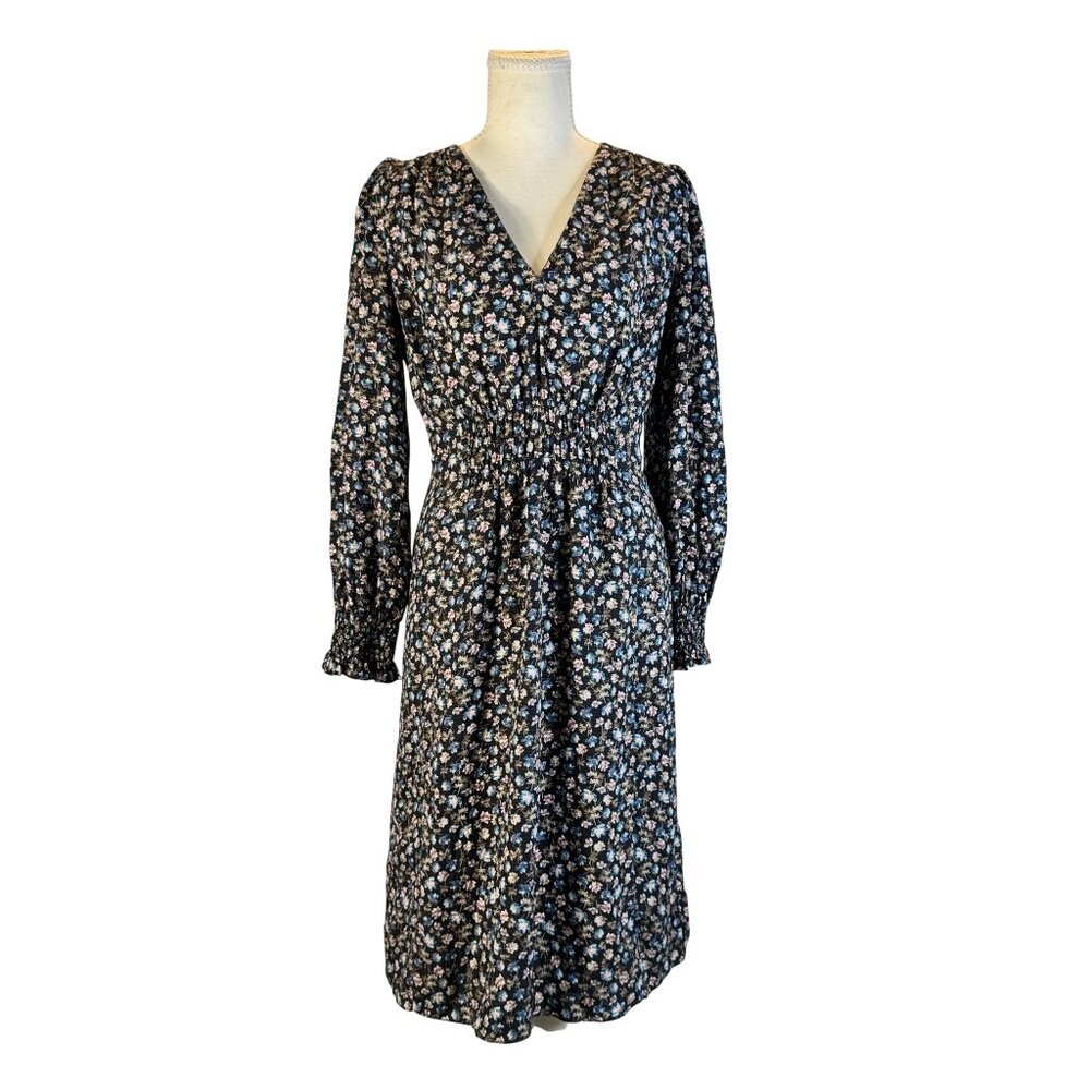 Rebecca Taylor Zelma Floral Silk Midi Dress Women’s 4 Black Cottagecore Prarie - Picture 1 of 16